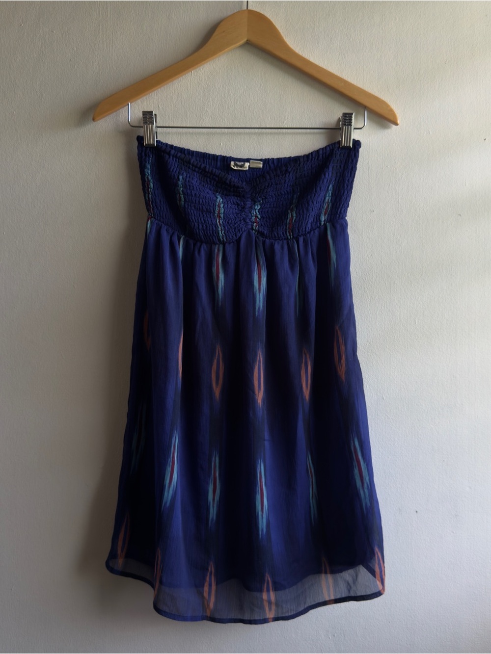 Roxy Strapless Smocked Ikat Chiffon Mini Dress Blue Boho XS